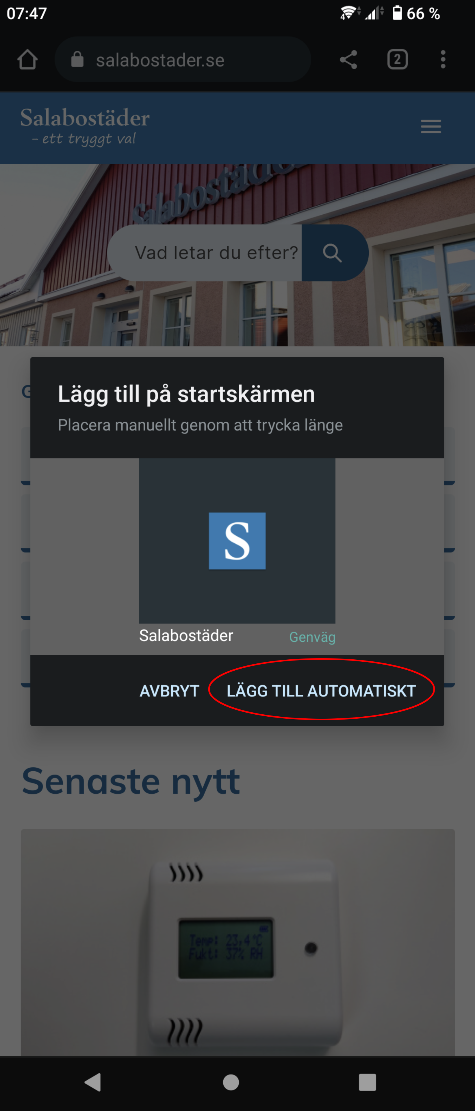 Skärmbild som instruerar att man ska trycka på knappen "lägg till automatiskt" i Chrome