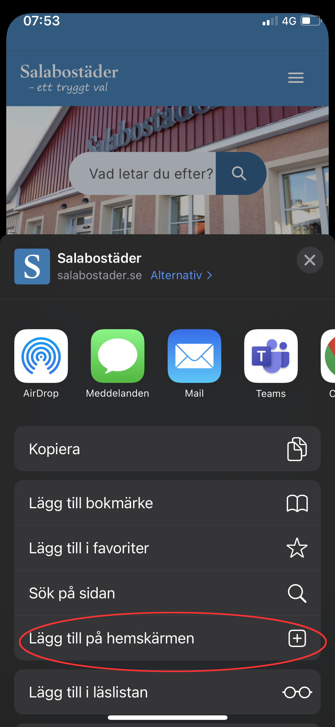 Skärmbild som visar knappen "Lägg till på hemskärm" (Safari)