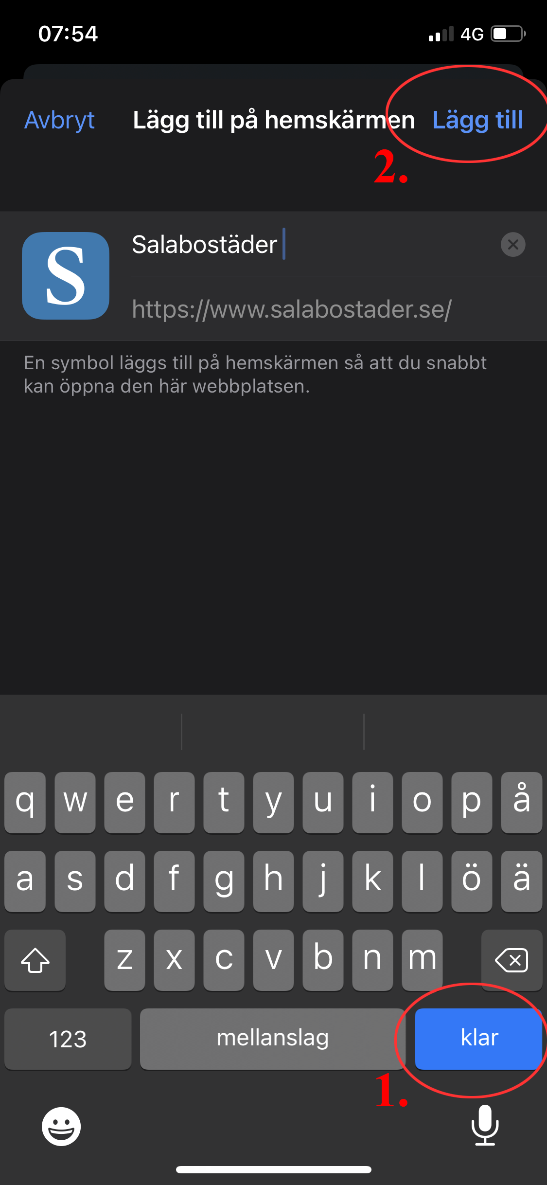 Skärmbild som visar hur man döper appgenvägen och "lägg till"-knappen i Safari